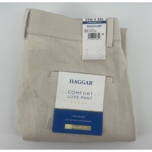 Haggar Mens 33x32 Natural Comfort Luxe Straight Linen Blend Flex Waist Pants NWT